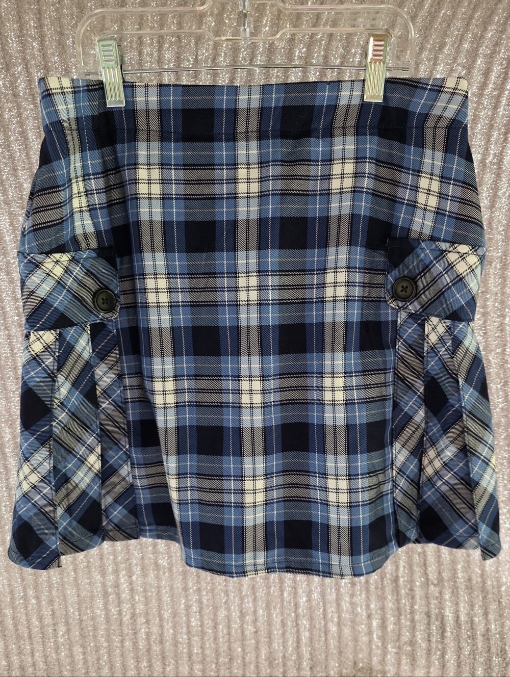 Lands' End Blue and White Plaid Mini Skirt with Button Tabs